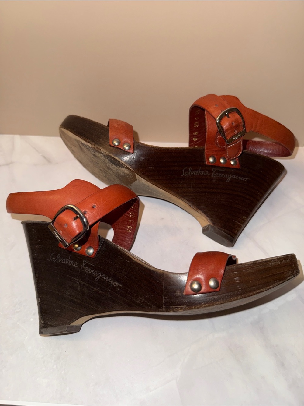 Salvatore Ferragamo Cognac Leather Slingback Sandals - Picture 5 of 13